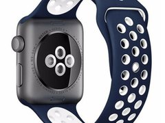 Curea iUni compatibila cu Apple Watch 1/2/3/4/5/6/7, 44mm, Silicon Sport, Albastru/Alb